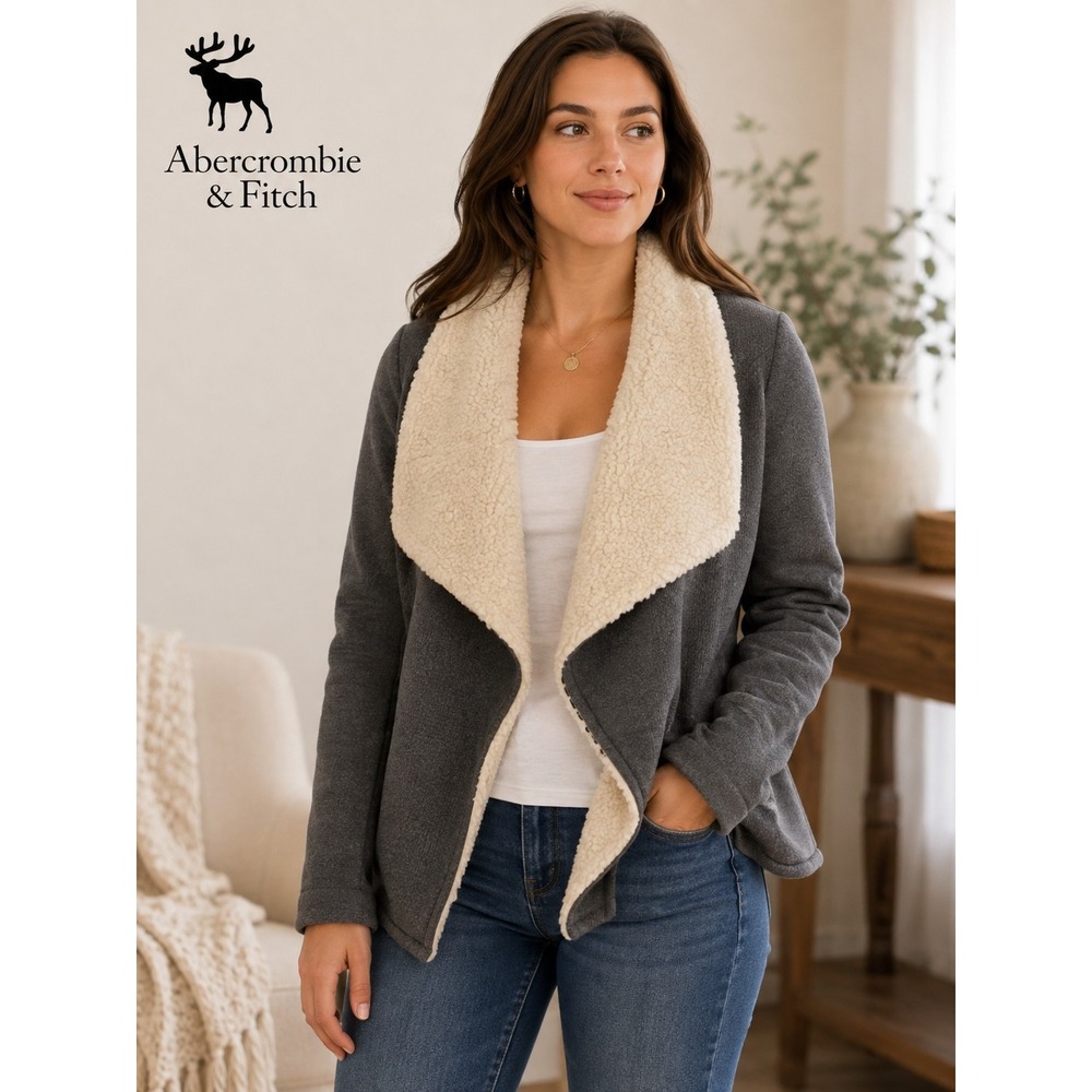 Abercrombie & Fitch Jacket Sherpa Lined Gray Long Sleeve Open Front Size Small